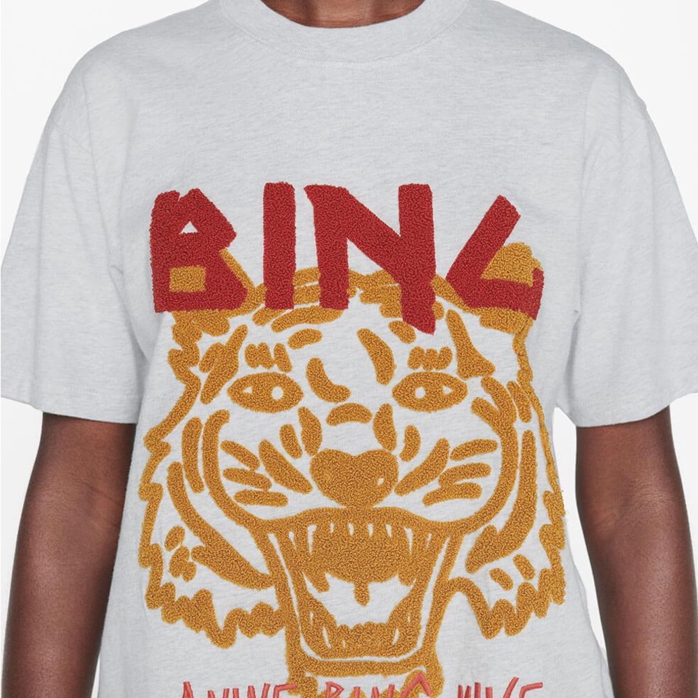 Anine Bing White Tee with Red Logo and Gold Tiger Motif